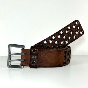 Vintage Diesel Brown Leather Grommet Belt Made in Italy Unisex Two Prong Buckle